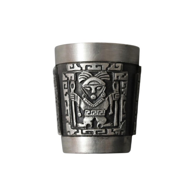 Mexican 1980s Incan Deities Pewter Shot Glasses by Schohaus of Bolivia - Set of 6 For Sale - Image 3 of 9