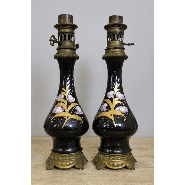 Black Napoleon III Lamps with Black Enameled Porcelain Stems, Set of 2 For Sale - Image 8 of 8