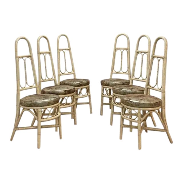 Set of 6 Vintage Italian High Back Rattan Chairs With New Leather Upholstery For Sale
