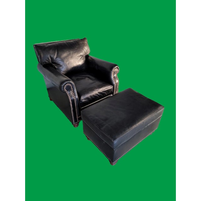 TexStyle Custom Black Aniline Leather Club Chair and Ottoman For Sale - Image 10 of 10