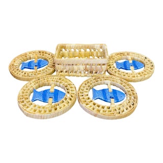 2000s Handmade Raffia Coasters With Floating Ceramic Fish Set- 5 Pieces For Sale