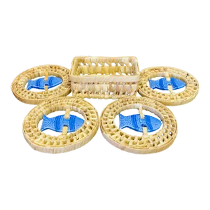 2000s Handmade Raffia Coasters With Floating Ceramic Fish Set- 5 Pieces
