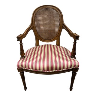 1950s Vintage Louis XVI French Style Cane Back Open Arm Chair For Sale