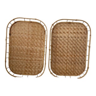 Vintage Mid Century Woven Rattan Stacking Serving Trays- Set of 2 For Sale