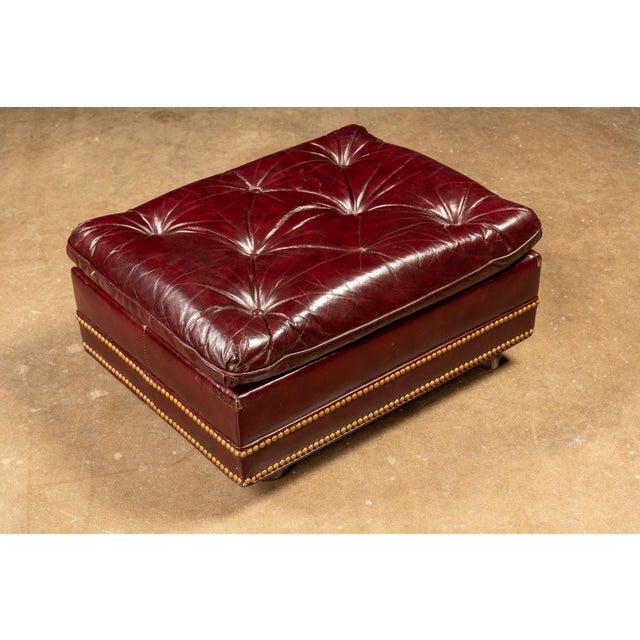 Traditional Vintage Tufted Leather Chesterfield Armchair and Ottoman Set in Burgundy For Sale - Image 3 of 12