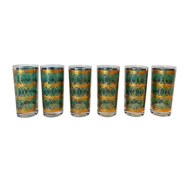 A set of six midcentury modern tumbler glasses by Georges Briard. Highly decorative in bold emerald green, trimmed and...