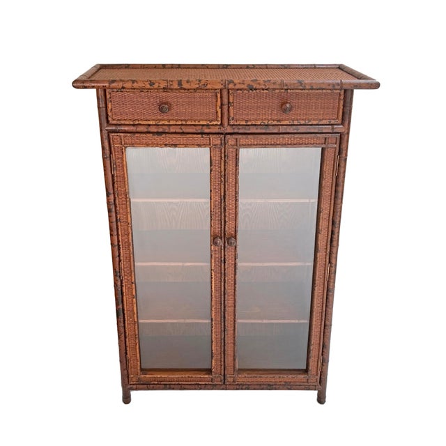 Bloomingdale's Late 20th Century British Colonial Style Faux Tortoise Bamboo Rattan Display Cabinet Shelving Drawers Glazed Doors Vitrine For Sale - Image 4 of 8