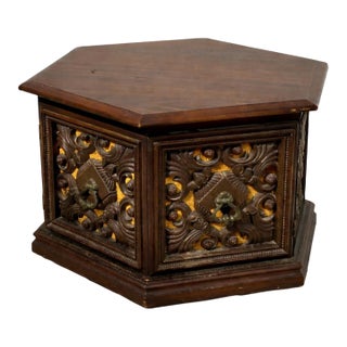 Vintage Hollywood Regency Hexagonal Carved Wood Accent Cabinet With Velvet Panels, C. 1970s | Elaine R. Estate For Sale