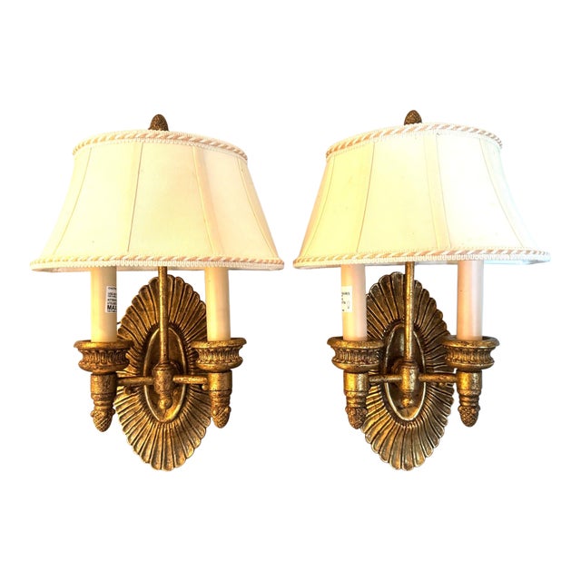 Stunning Pair of Pasquale Miranda for Feiss Neoclassical Sunburst Gilt Wall Sconces For Sale