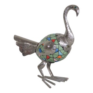 Silver Plate Mosaic Nacato Tall Guayasamin Ecuador Bird Porcelain Figurine 4620b For Sale