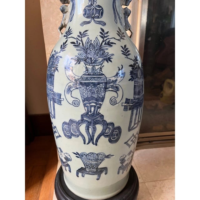 Antique Chinese Blue & White Baluster Vase, Chilong Handles, 19th Century For Sale - Image 4 of 11