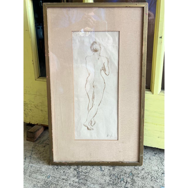 Enhance your collection with this elegant vintage figurative drawing depicting a female nude study from behind. Hand-drawn...