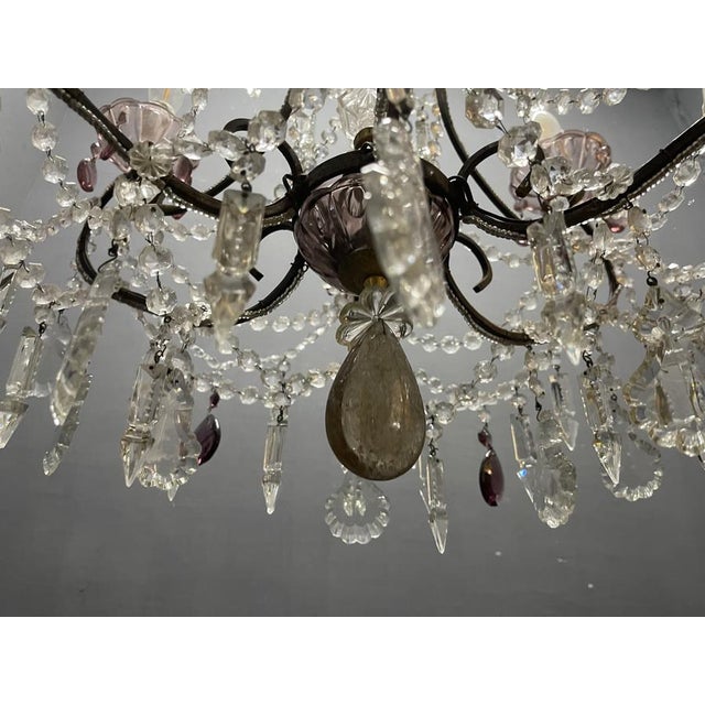 Glass Vintage Italian Crystal Beaded Chandelier with Lilac Glass Bobeches, 1960s For Sale - Image 7 of 18