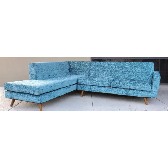 Low Slung Style Sectional With Thick Wooden Tapered Legs And Aqua Green Crushed Velvet Upholstery. This Is A Gorgeous Aqua...