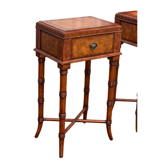 Pair Ethan Allen Faux Bamboo Burl Sofa/Bedside Tables For Sale - Image 10 of 13
