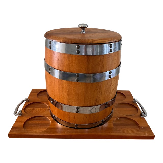 Vintage Towle Silversmiths Wooden Ice Bucket/ Wine Chiller Barrel and Tray For Sale