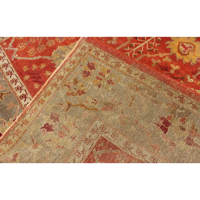 Green Antique Turkish Oushak Rug With All-Over Design on Orange Red Field and Gray Border For Sale - Image 8 of 9
