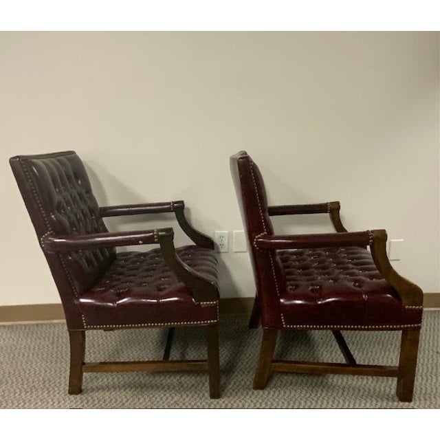 Traditional Vintage Georgian Style Burgundy Leather Gainsborough Armchairs Tufted Chesterfield For Sale - Image 3 of 13