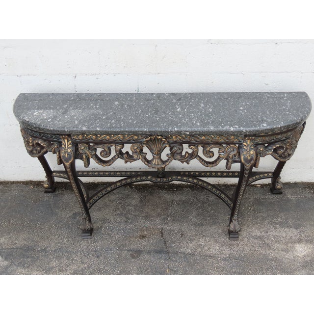 French Painted Black Heavy Carved Marble Top Large Long Console Entry Table 6381 For Sale - Image 9 of 12