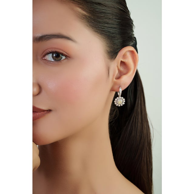 Yellow Vintage Style 2.29 Ct Fancy Yellow Diamond Floral Cluster Drop Earrings 18k Gold- A Pair For Sale - Image 8 of 14