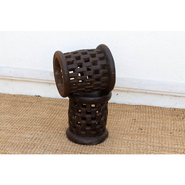 Set of 2, Bamileke Carved Geometric Lattice End Tables For Sale - Image 4 of 7