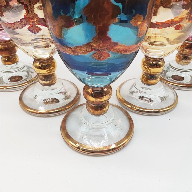 Baroque Venetian Bottle and Glasses in Glass with Gold Trim, Venice, Italy, 1950s, Set of 6 For Sale - Image 10 of 11