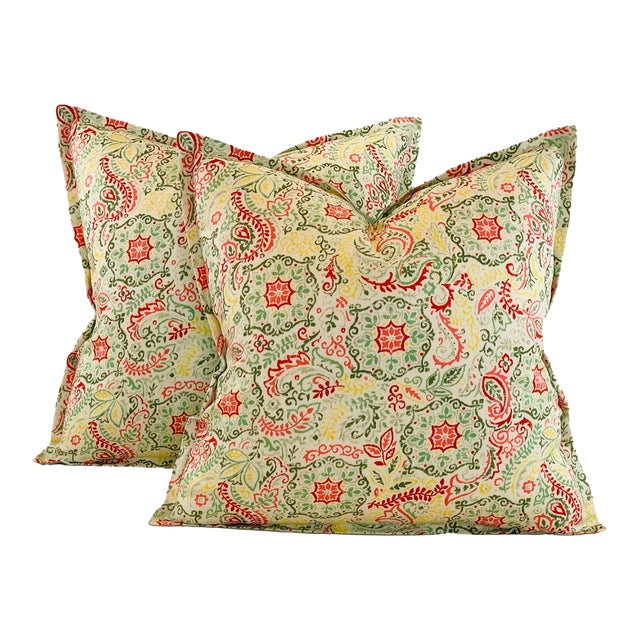 Designer P Kaufmann Cream Coral Green Yellow Botanical Floral Medallion Paisley Suzani Pillow Covers- 19" Pair For Sale