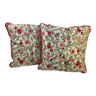 Square Pillows With a Pink and Red Embroidered Floral Pattern, Made in U K- a Pair For Sale