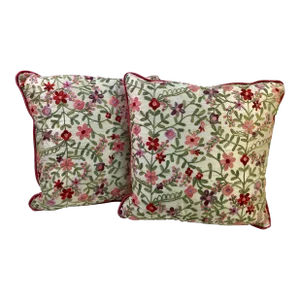 Square Pillows With a Pink and Red Embroidered Floral Pattern, Made in U K- a Pair