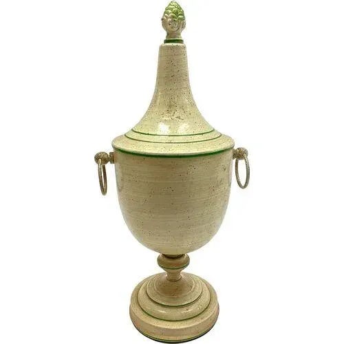 Vintage tole leaf lidded chestnut urn with loop handles. Stylized acanthus leaf finial and simple laurel leaf wreath...
