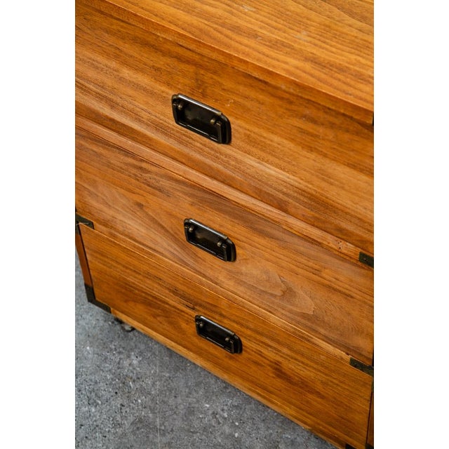 Mid Century Modern Desk Office Campaign Wood Brass Trim 4 Drawer Vintage MCM For Sale - Image 10 of 12