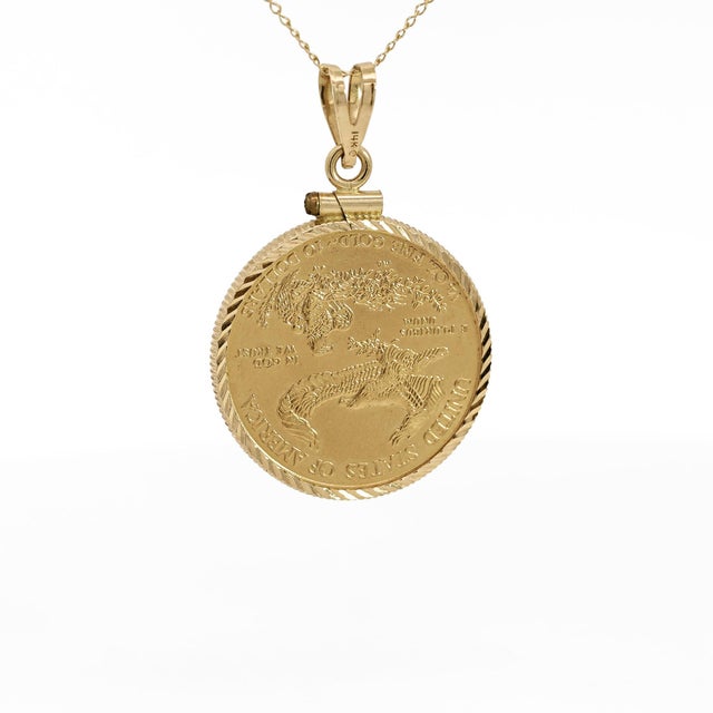 Modern 22k Gold Lady Liberty Us 10 Dollar 1/4 Oz Coin (2010) Pendant in 14k Frame For Sale - Image 3 of 4