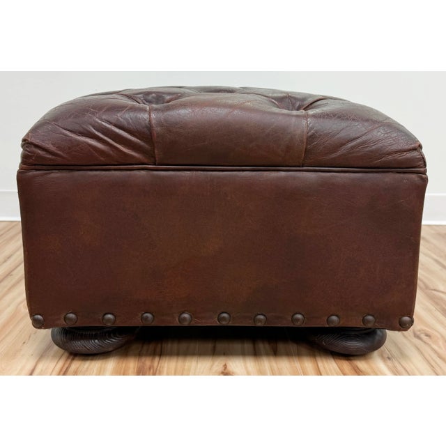Wood Vintage Restoration Hardware Tufted Leather Ottoman For Sale - Image 7 of 13