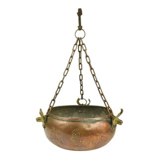 Vintage Handmade Engraved Turkish Copper Hanging Planter Decorative Bowl With Brass Bull Moose Head For Sale
