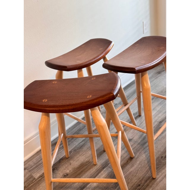 Traditional Set of 3 Signed Stephen Swift Cherry and Ash Bar Stools (1996) For Sale - Image 3 of 7