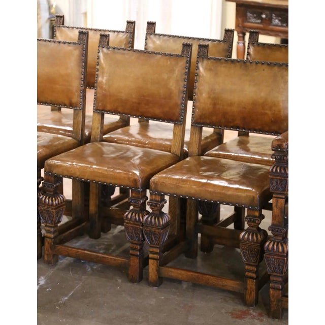Jacobean 19th Century English Jacobean Oak Dining Chairs With Leather, Set of 8 For Sale - Image 3 of 12