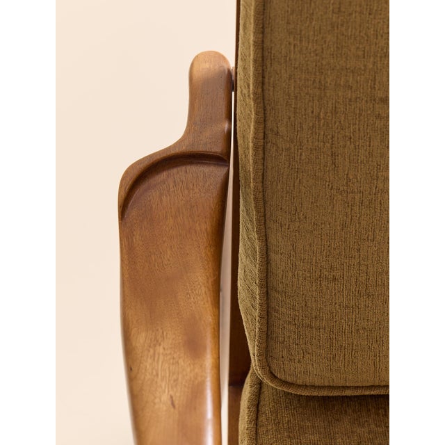 Brass The Vintage MCM Teak Exposed Frame Arm Chair With Brass Caps, Newly Upholstered For Sale - Image 8 of 13