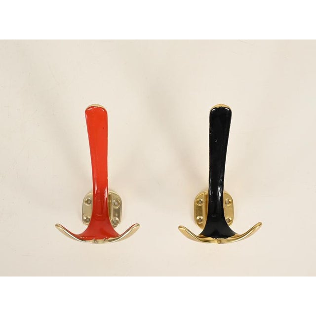 Mid-Century Brass and Coral Red and Black Enamel Coat Hooks, Italy, 1950s, Set of 4 For Sale - Image 9 of 14