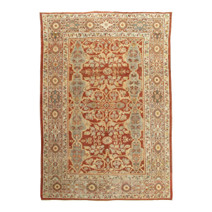 Antique Mahal Rug, Handmade Oriental Rug, Light Green, Rust, All-Over Design