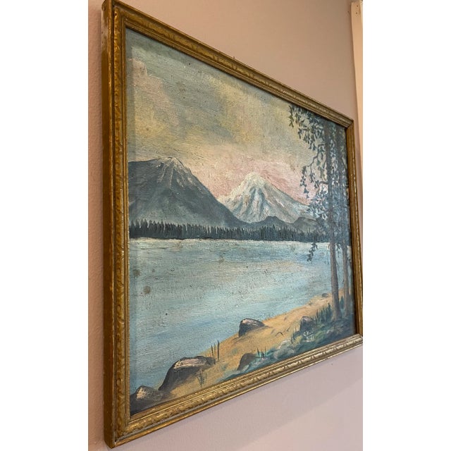 Paper Vintage Mountain Landscape Oil Painting on Board For Sale - Image 7 of 12
