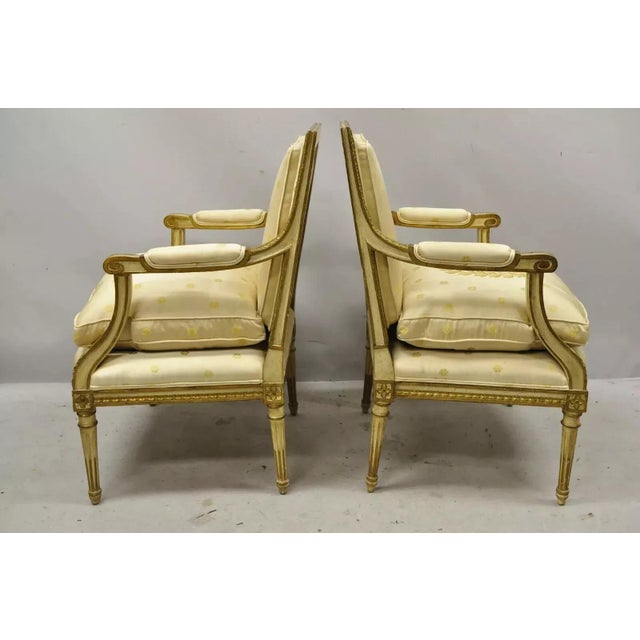 Early 20th Century French Louis XVI Neoclassical Gold Silk Fauteuil Parcel Gilt Armchairs - A Pair For Sale - Image 10 of 12
