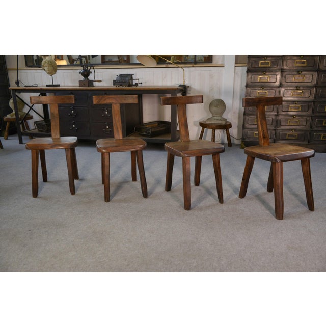 Mid-Century Modern Brutalist T Chairs in Elm from Aranjou, 1960s, Set of 4 For Sale - Image 3 of 10