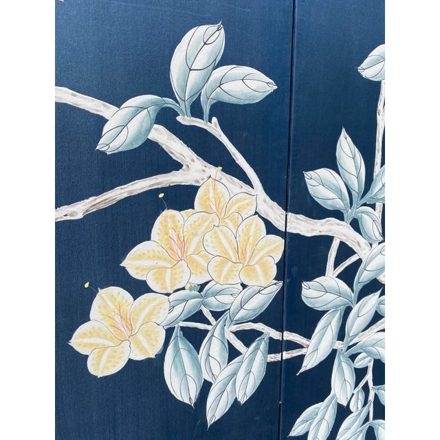 Large Vintage Hand Painted Showa Era Japanese Byobu Folding Silk Screen MCM Signed Blue Gold Floral 72" For Sale - Image 9 of 11