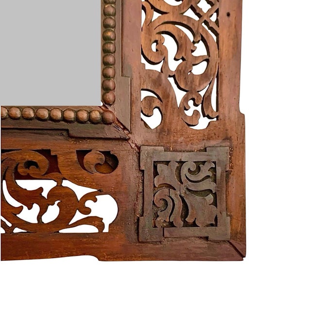 Mid 20th Century Mirror Antique Moroccan Style Hand Carved Wood Lattice Ornate Design Boho Decor For Sale - Image 4 of 6