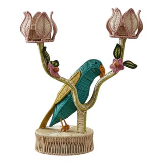 Whimsical Handcrafted Raffia Parrot and Floral Double Candlestick For Sale