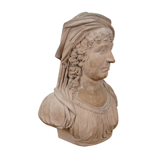 Vintage unglazed finely chizled terracotta sculpture / bust of a woman featuring extrodinary detail with flowing gown,...