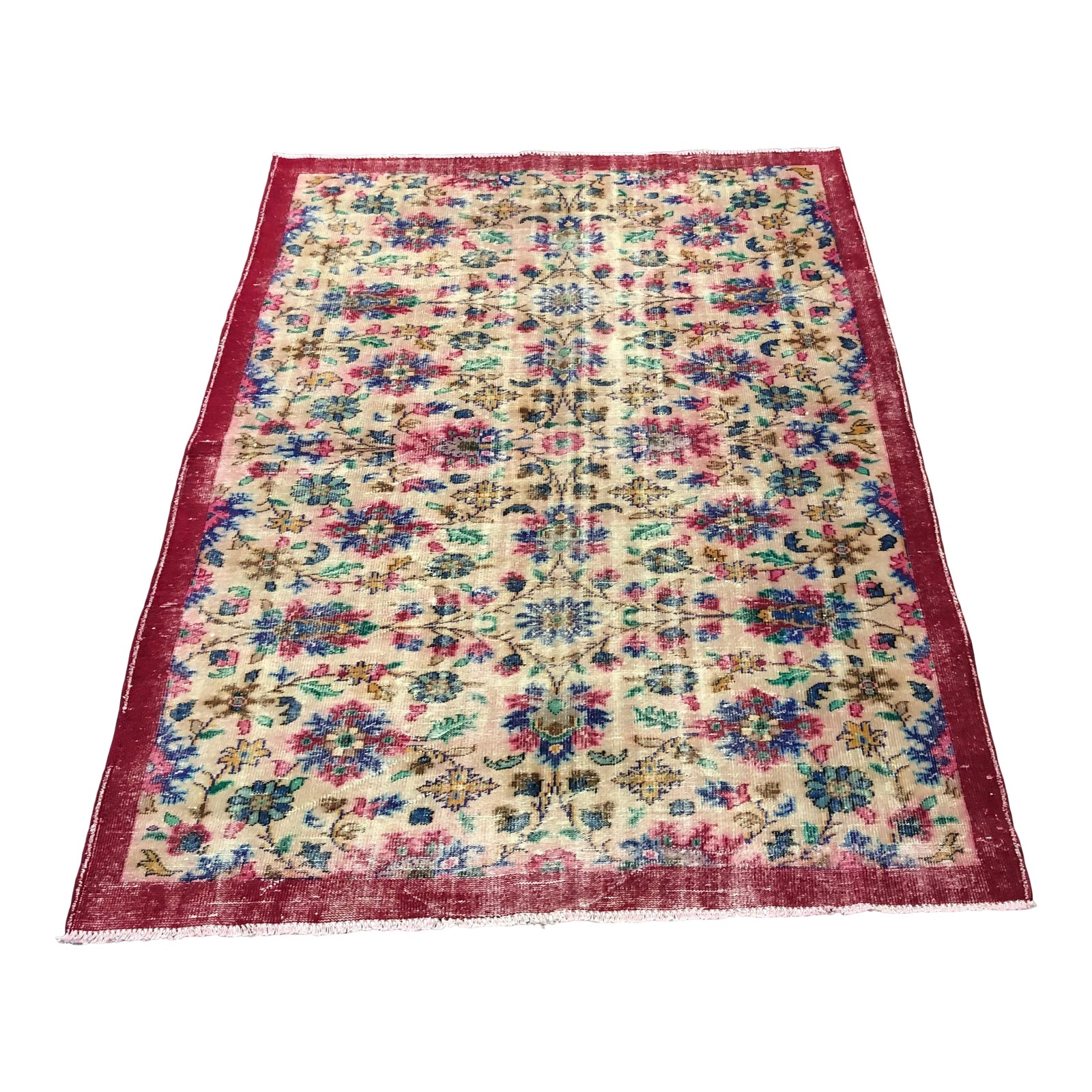Vintage Distressed Floral Turkish Area Rug | Chairish