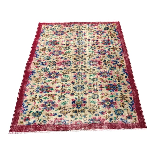 Vintage Distressed Floral Turkish Area Rug For Sale