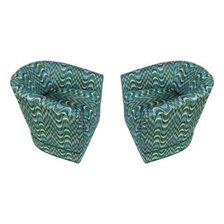 Pair of Barrel Chairs Upholstered in Dedar Flamestich Green and Blue For Sale