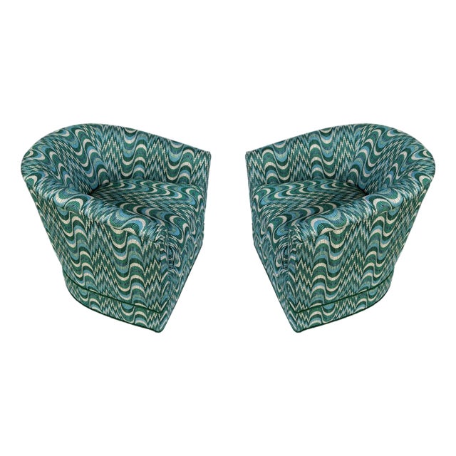 Pair of Barrel Chairs Upholstered in Dedar Flamestich Green and Blue For Sale